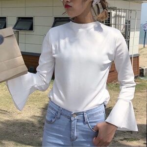 Women Slim Mock Neck Basic T Shirt Winter Bell Sleeves